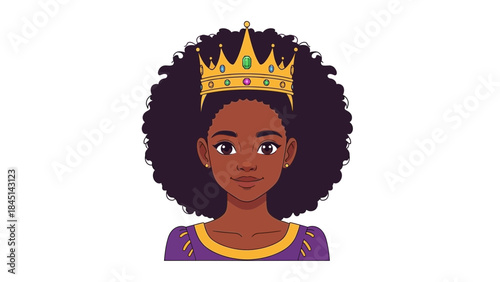 Illustration of a young african american girl wearing a golden crown and purple shirt with golden accents