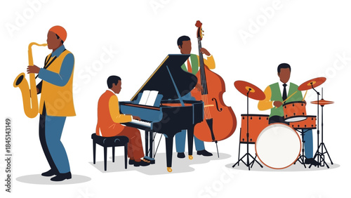 Four diverse musicians playing jazz instruments together in colorful outfits on white background
