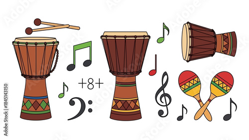 Colorful illustration of musical instruments including drums and maracas with musical notes on white background