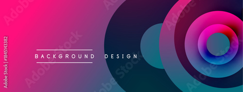 Abstract background features vibrant gradients, overlapping circles. Modern design elements create dynamic visual impact. Pink, purple, teal hues dominate composition.