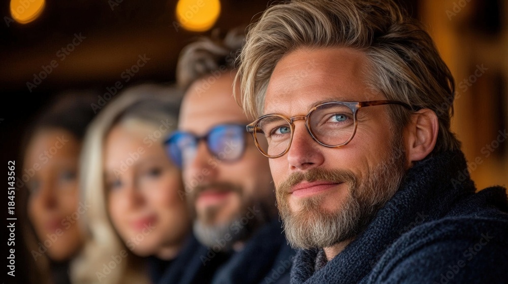 Fototapeta premium A group of friends enjoying a cozy moment, with a stylish man in the foreground showcasing a warm smile and trendy glasses, This image is perfect for lifestyle blogs, social media