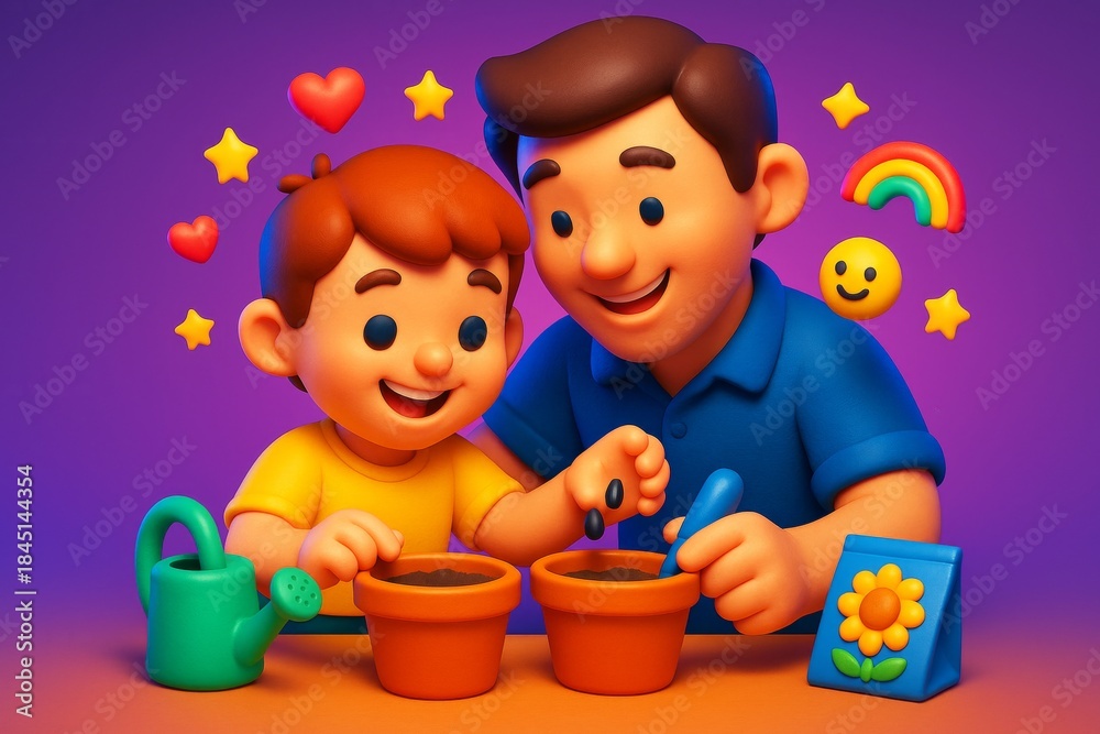 Fototapeta premium Happy father and child planting seeds in flower pots with colorful playful elements and gradient background, joyful gardening concept for kids. Ai generative