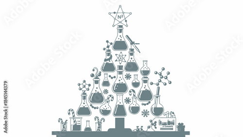 A christmas tree made of laboratory beakers and flasks with molecular structures on a white background, symbolizing chemistry and science in a festive holiday setting