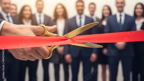 Cutting the red ribbon at a grand opening ceremony with business professionals