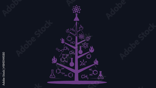 Purple christmas tree decorated with chemistry symbols and formulas on dark background