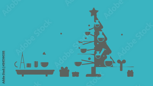 A minimalist christmas tree decorated with laboratory equipment on a blue background with gifts underneath and various items on a table to the left in a flat design style