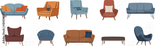 Assortment of colorful cartoon armchairs and sofas with white background Keywords: armchair