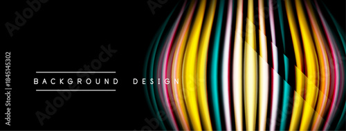 Abstract vibrant lines create dynamic curved shape. Dark background emphasizes colorful design elements. Modern visual presentation.