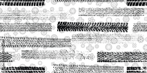 Tire track, snowflakes seamless pattern. Grange winter tread marks .Grunge textured vector car tread .Car trails endless pattern texture. Tyre track seamless texture. Wheel tire tread track background
