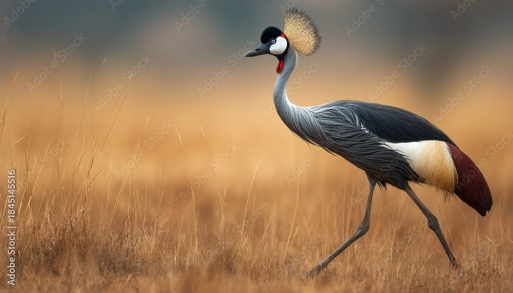 Fototapeta premium Majestic grey crowned crane walking through a grassy plain with a blurred sunset background