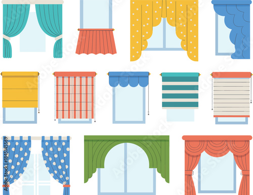 Assortment of Window Treatments and Curtains in Flat Design drape blind