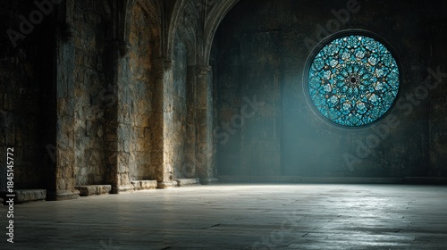 Ancient Chamber: A captivating image showcases an ancient chamber with a unique circular stained glass window, bathed in soft light, emanating a mysterious aura of history and serenity.