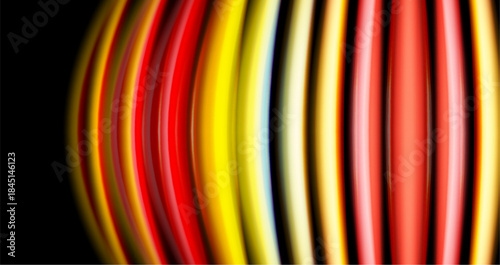 Abstract colorful stripes create dynamic visual effect. Bright hues contrast against dark background. Modern design element.