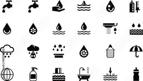 Collection of water droplet faucet rain and weather related icons in black