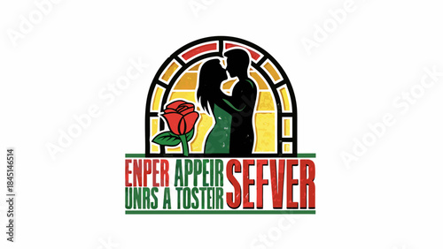 Vintage stained glass style illustration of loving couple kissing with rose arch romance wedding symbol