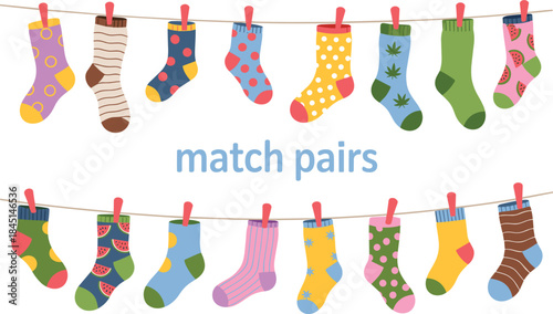 Colorful Patterned Socks Hanging on a Clothesline with Match Pairs Text Keywords: socks, pairs