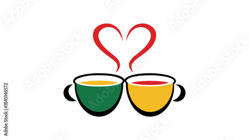 Two coffee cups with heart steam symbolizing love and friendship in a colorful illustration