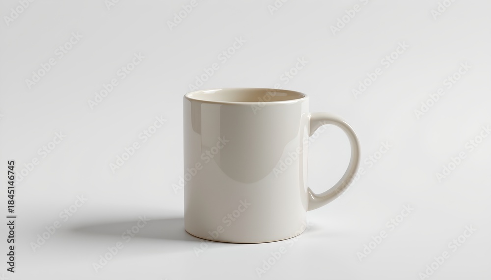 Fototapeta premium A single cup coffee mug placed on a surface. The mug is white with a pattern on its side and has a handle. It appears to be made of ceramic or porcelain material, as suggested by the glossy finish