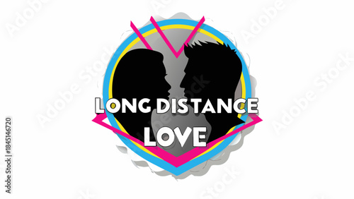 Long distance love relationship couple silhouettes in heart shape colorful logo