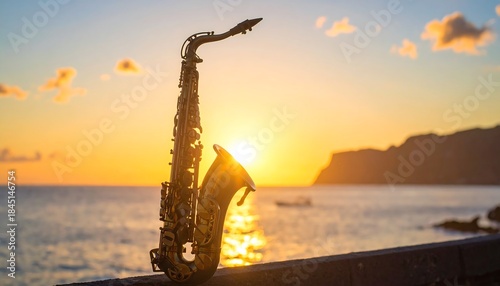 Serene sunset saxophone melody at the tranquil coast of a tropical beach