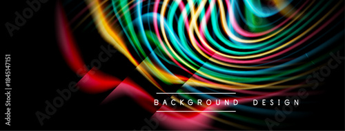 Abstract colorful lines form dynamic swirl against black backdrop. Modern design elements enhance visual impact.
