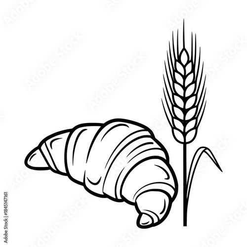 A simple black and white illustration of a croissant and wheat stalk on a plain white background.