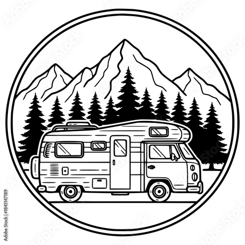 Vintage Camper Van RV Traveling Through Majestic Mountains and Pine Forest Landscape - Circular Emblem