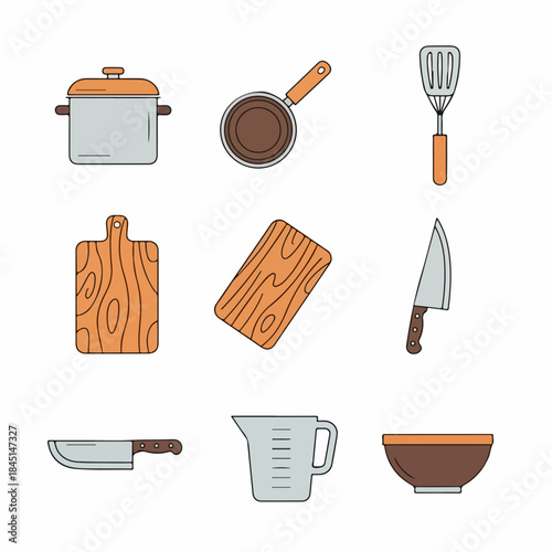 Essential Kitchen Utensils and Cookware Flat Design Vector Icons Collection. Cooking tools including pot, pan, knives, and chopping boards on white.