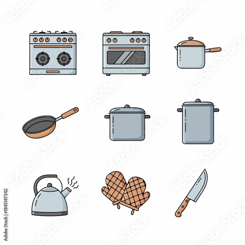 Kitchen appliance and cooking utensil vector icon set. Essential domestic tools like stove, oven, pots, pans, kettle, knife, and oven mitts on white background.