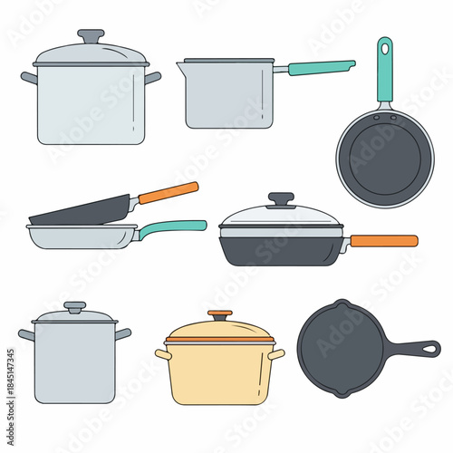 Kitchen Cookware Set Vector Illustration: Various Pots, Pans, Skillets, and Saucepot Icons for Cooking and Home Kitchen Design.