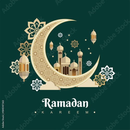 Islamic posters cards holiday ramadan kareem with crecent ornament and mosque vectors