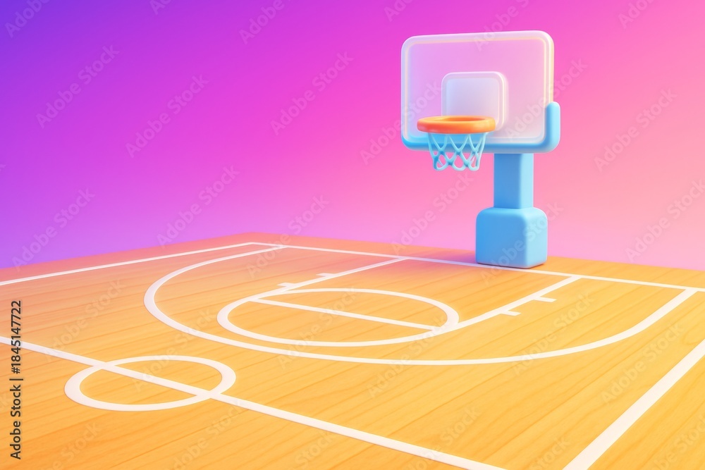 Naklejka premium Colorful basketball court with blue hoop and wooden floor on pink to purple gradient background in creative light style. Ai generative