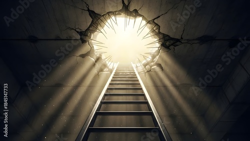 Ladder leading to light through a hole in a dark ceiling hope concept