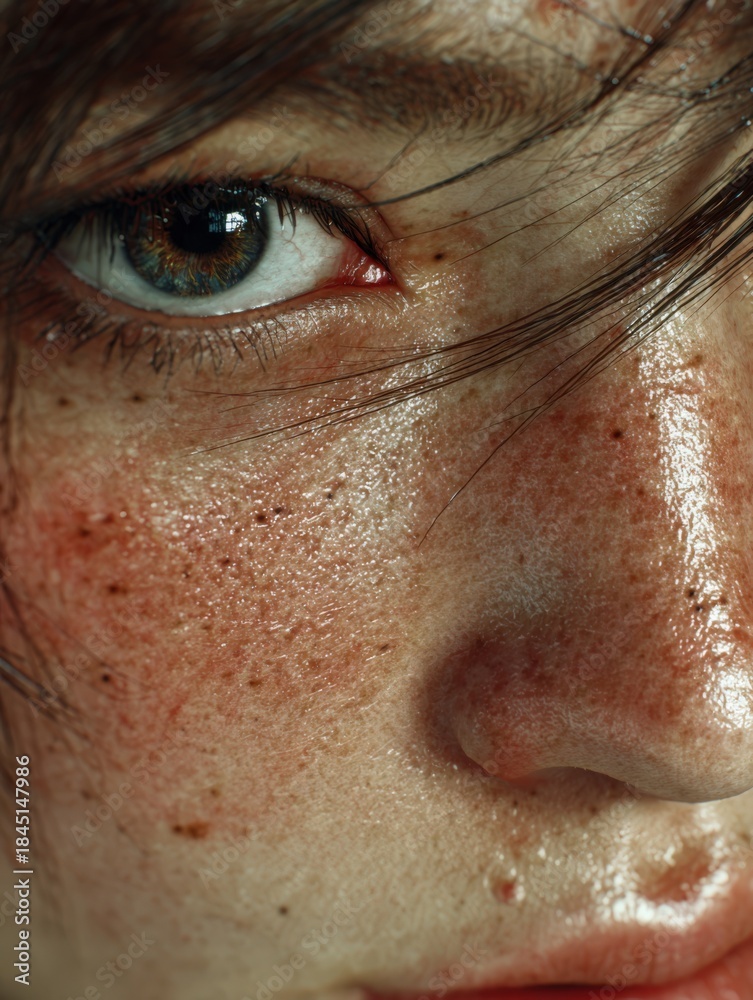 Obraz premium Close-up portrait of a young woman with striking freckles and captivating blue eyes, showcasing natural beauty and texture in a soft light environment emphasizing skin details