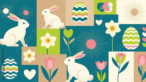 Mid-Century Modern Graphic Block Art with Easter Bunny and Spring Flowers