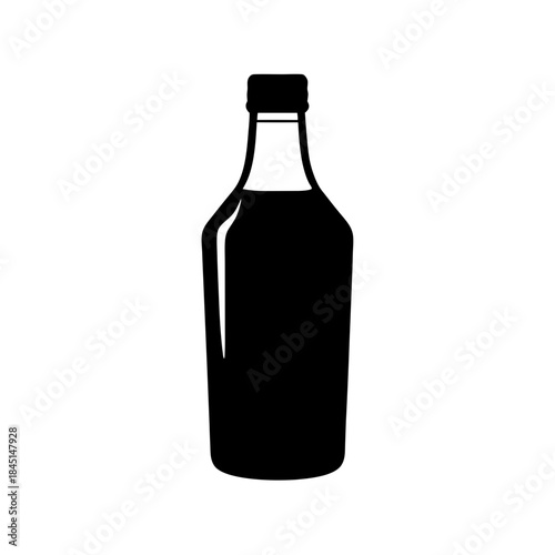 A minimalistic black silhouette design of a glass bottle with a cap on a white background