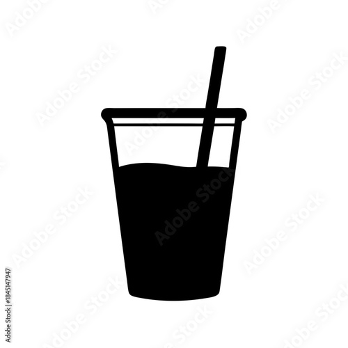 Black silhouette icon of a disposable plastic cup with a straw, perfect for minimalist designs