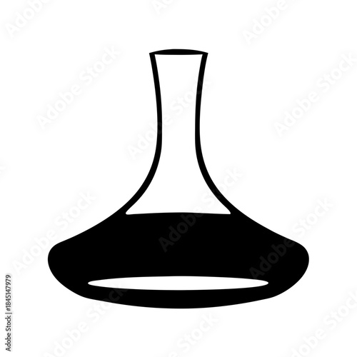 Simple black and white silhouette icon of a glass wine decanter filled with red wine