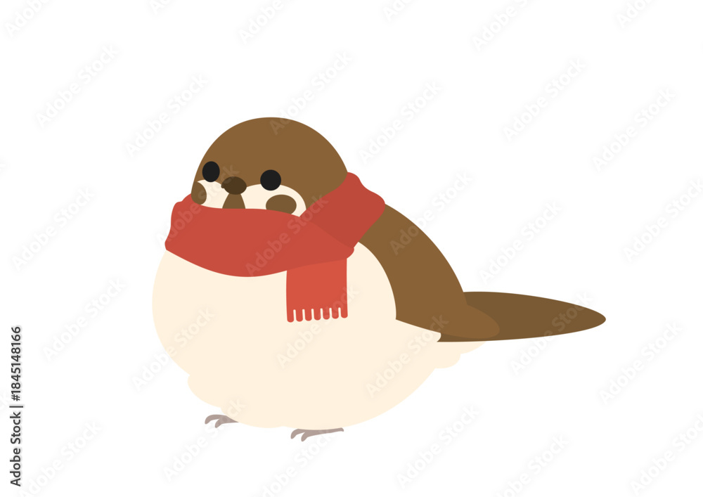 Fototapeta premium 横向きでマフラーを巻いている丸くふくらんだスズメのかわいいイラスト