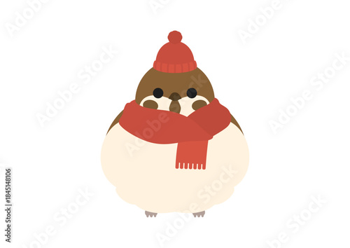 正面を向いてニット帽をかぶっている丸くふくらんだスズメのかわいいイラスト