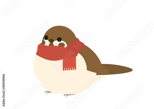 横向きでマフラーを巻いている丸くふくらんだスズメのかわいいイラスト
