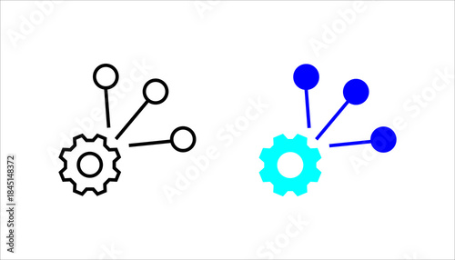 Process network gear line icon set.Line icon of a gear connected with multiple nodes symbolizing workflow, process management, system integration, and network operations.