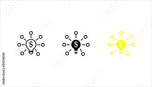Business idea dollar light bulb line icon set  Outline icon of a light bulb with dollar symbol representing profitable ideas, financial innovation, business strategy, and creative investment concepts.