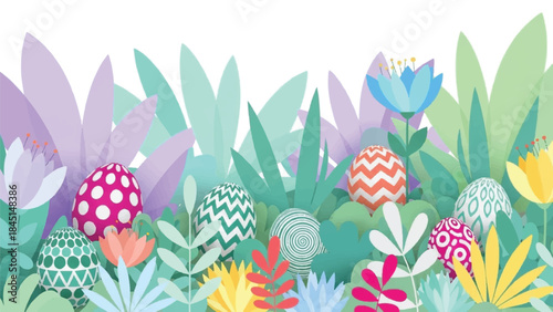 Hidden Decorated Easter Eggs in a Lush Layered Floral Garden Border