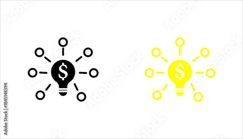 Business idea dollar light bulb line icon set  Outline icon of a light bulb with dollar symbol representing profitable ideas, financial innovation, business strategy, and creative investment concepts.
