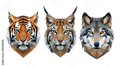 Geometric animal portraits of a tiger, lynx, and wolf in a low poly style