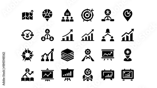 Collection of Diverse Business and Strategy Icons representing Growth, Planning, and Success