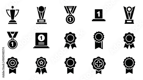 Versatile collection of monochrome award icons showcasing trophies, medals, and badges, symbolizing victory, achievement, and top recognition