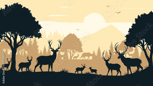 Serene Deer Silhouette Landscape at Sunset with Majestic Trees and Mountains