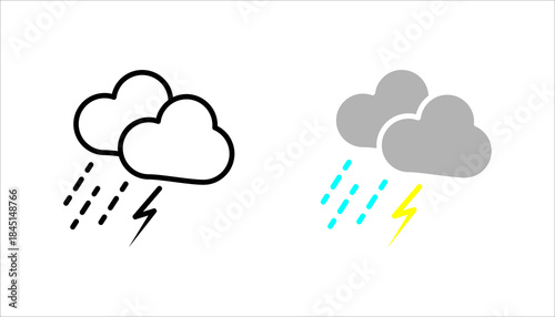 Simple line icon of stormy weather with clouds, rain, and lightning bolt. Represents thunderstorm, heavy rain, and extreme weather conditions.